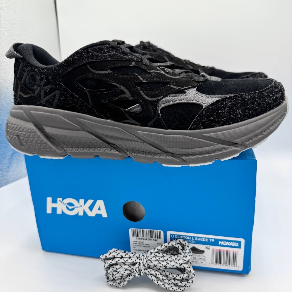 NWT Hoka Clifton Elite Terrain System L Suede Leather Black Grey Unisex Sneakers - Picture 5 of 16